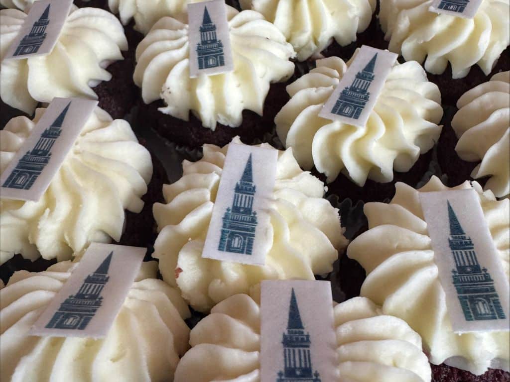 Cupcakes decorated with images of Lincoln College’s tower for the Library’s 50th anniversary