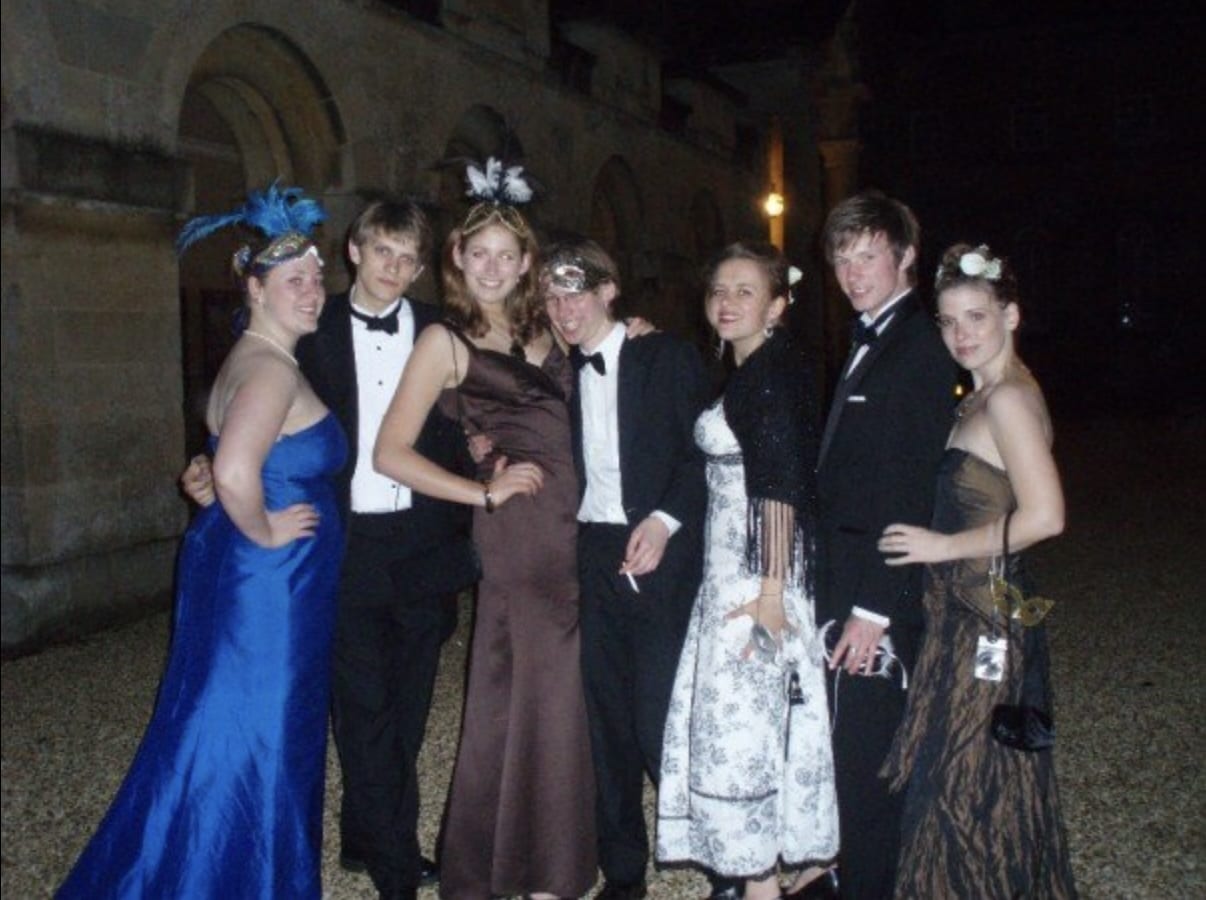 Julia Whelan standing with six friends outside Rad Cam at the College Ball in 2007.