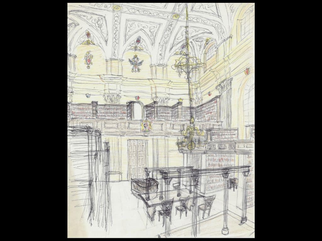 Hand-drawn sketch showing the vaulted ceiling, chandeliers, upper gallery of bookshelves, and long reading tables inside Lincoln College Library, Oxford.