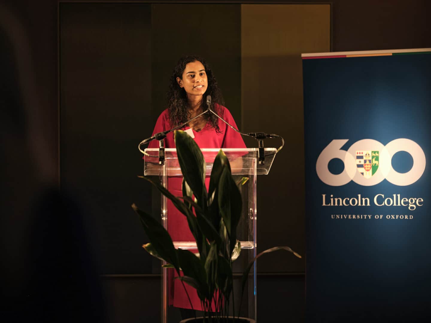 Nupur Patel giving a speech at the 600 campaign launch