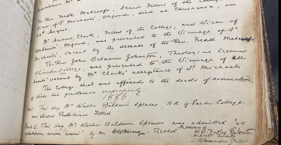 Handwritten page of the Lincoln College Register, listing Baldwin Spencer’s election as Fellow