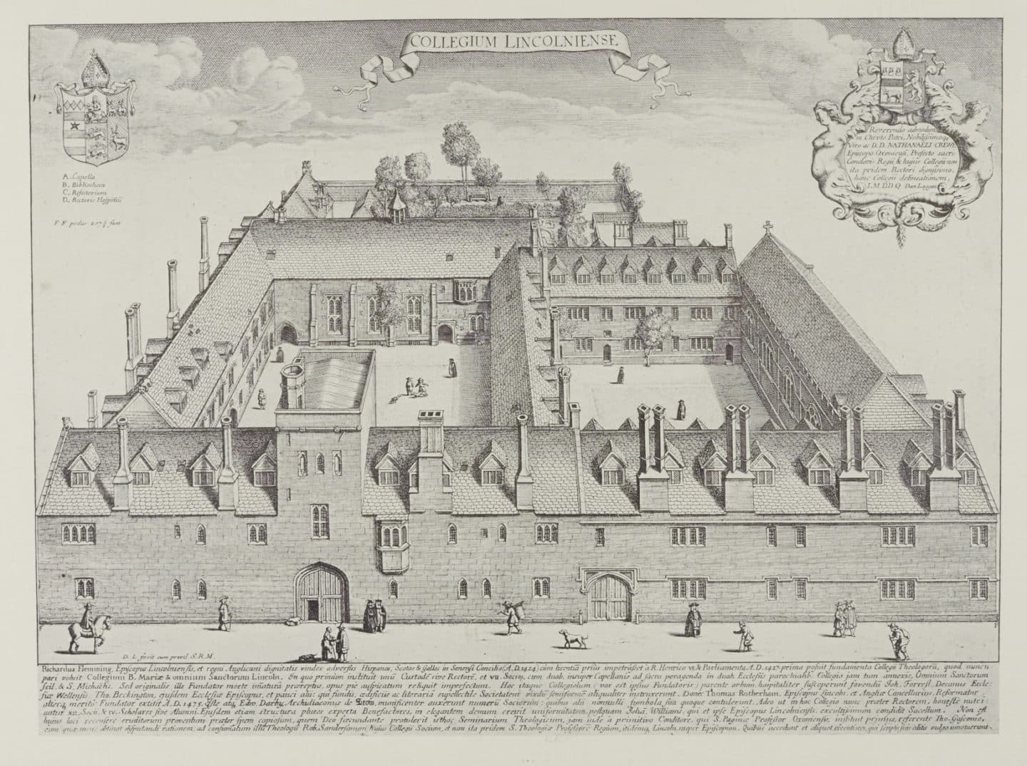 Engraving of an aerial view of Lincoln College
