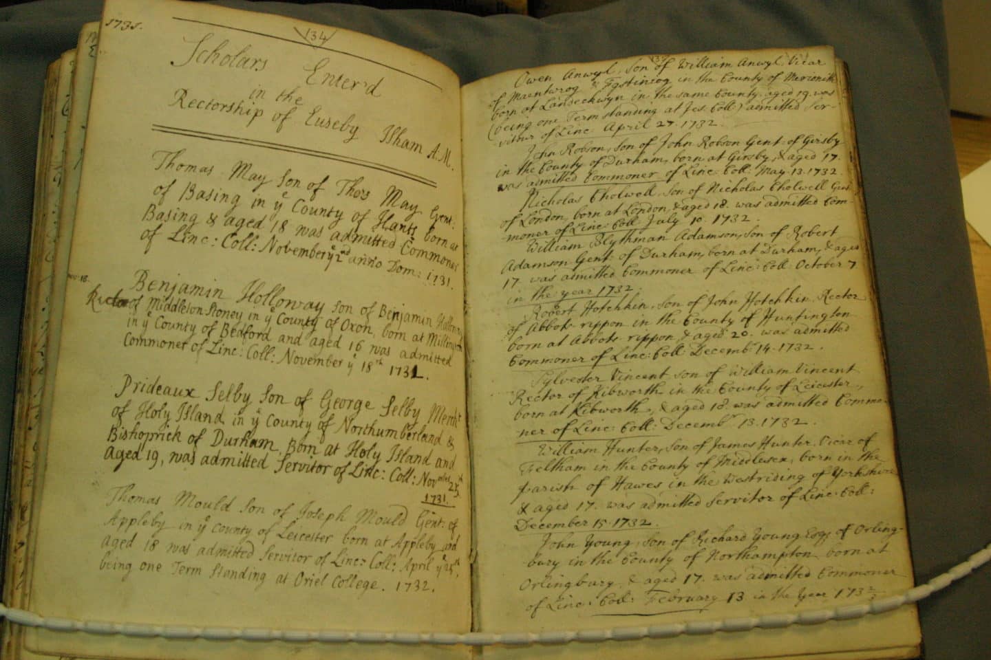 Pages from the Matriculation Register listing scholars entered in the Rectorship of Euseby Isham AM