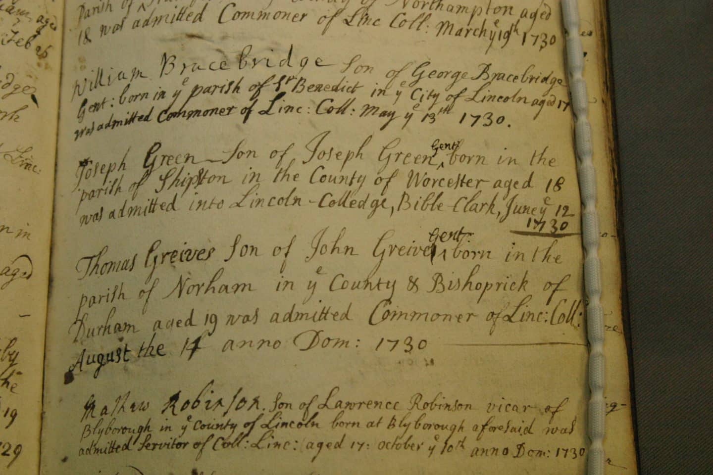 Page from the Matriculation Register, with handwritten text