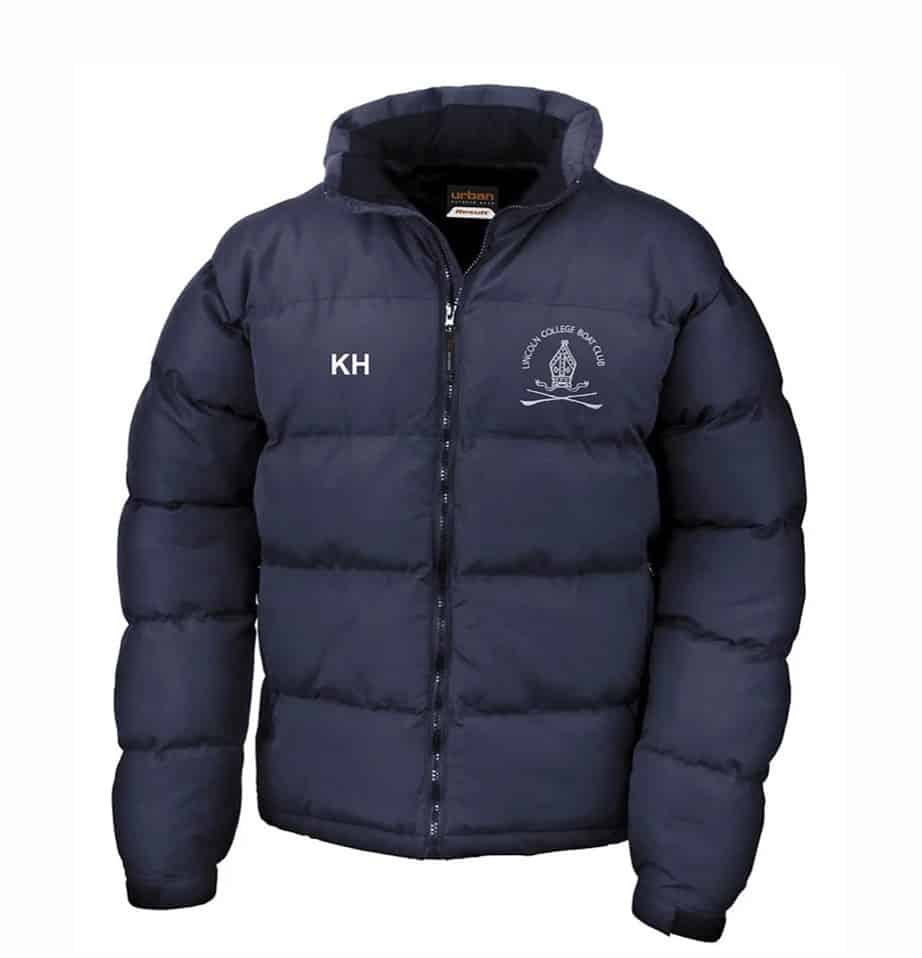 Image of a dark blue puffer jacket with the crossed oars and mitre logo of the Lincoln College Boat Club and the initials KH