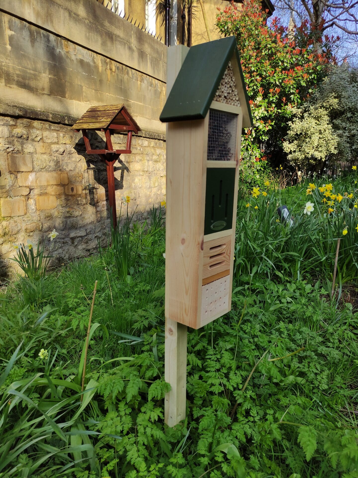 Insect tower and bird feeder in the library wildflower meadow