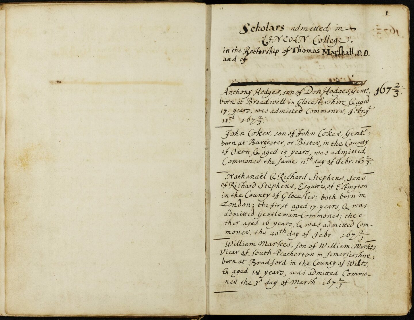 First page of a 1673 student register, featuring 'Scholars admitted in Lincoln College in the Rectorship of Thomas Marshall'