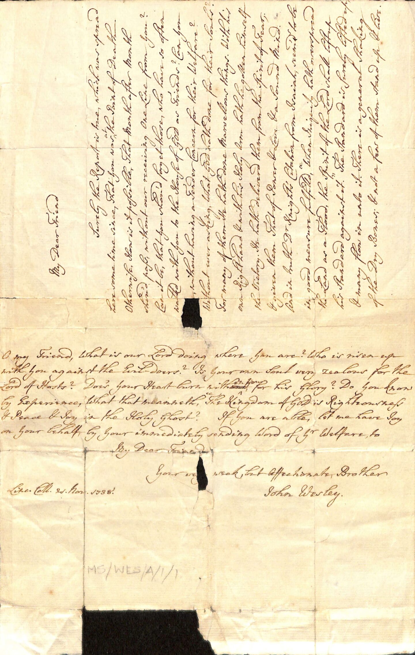 Old, slightly torn letter from John Wesley, beginning 'My Dear Friend'
