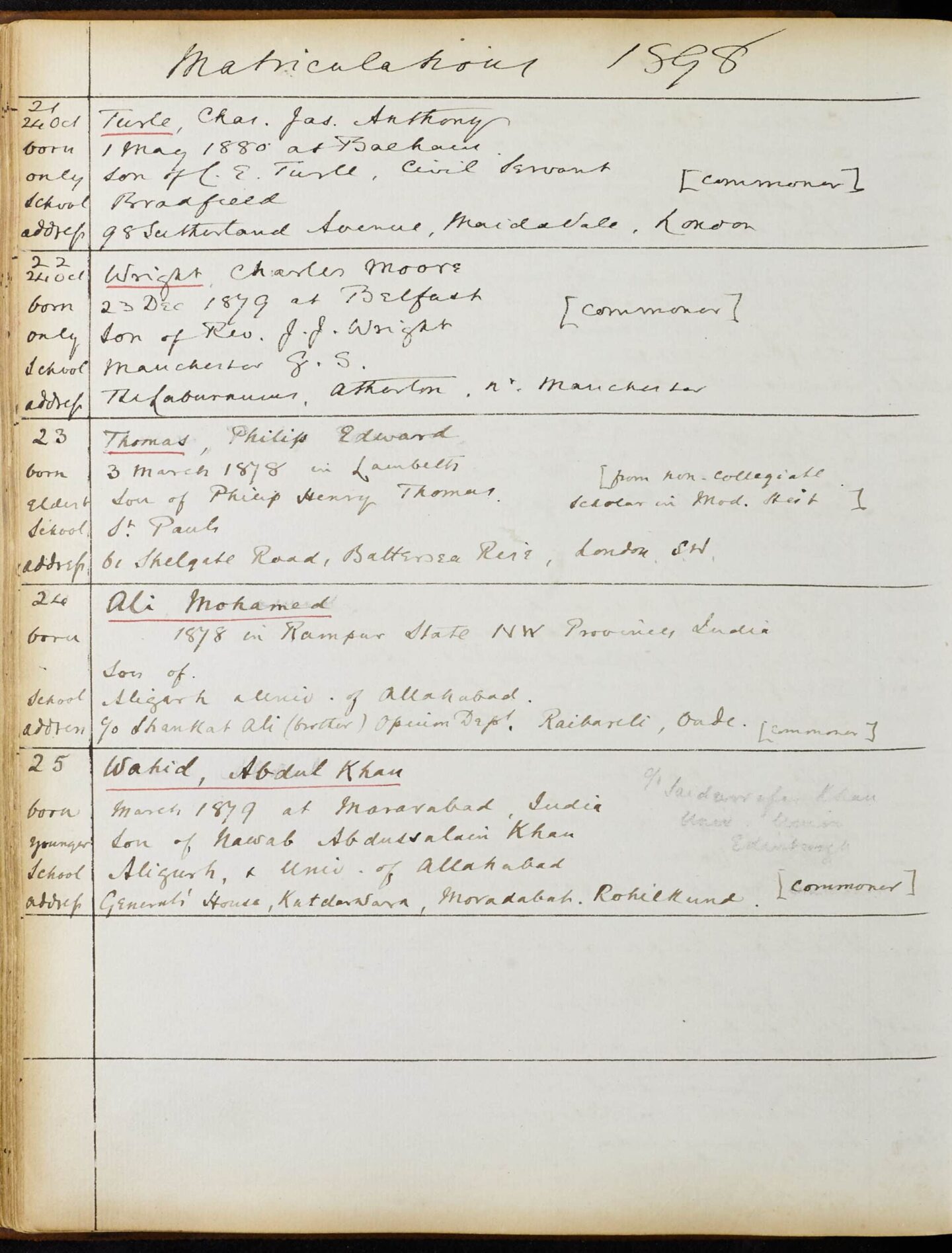Page for 1898 matriculation register featuring details about 4 students