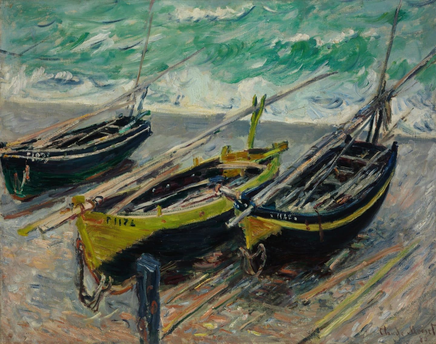 Oil painting of three boats