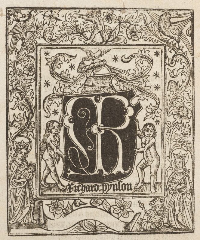 Stylised printed device of Richard Pynlon, featuring a large crested R held up by two human figures