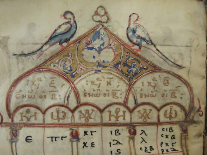 Page from a Greek manuscript with two blue birds at the top