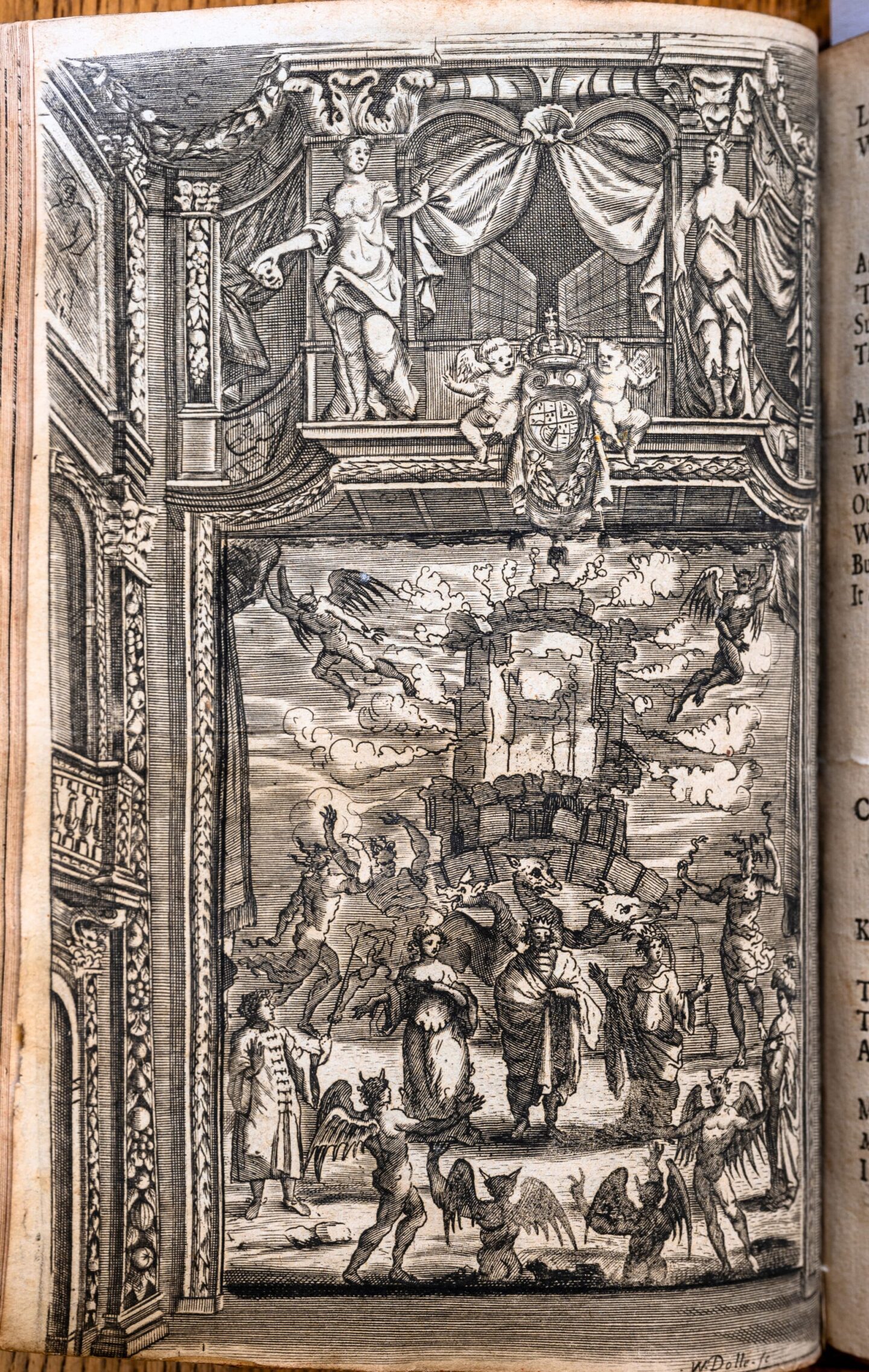 Printed image on the page of a play book, most prominently featuring winged demons and other monsters