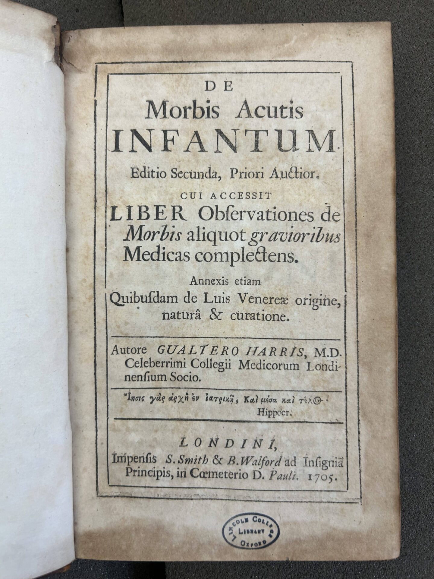 Title page of a work titled 'Infantum, Editio Secunda' by Gualtero Harris, M.D.