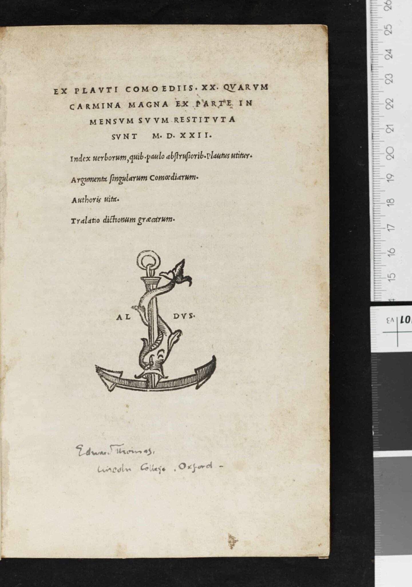 Title page of a text titled 'Ex Plauti Comoediis...' with the image of a fish wrapped around an anchor and a small handwritten note 'Edward Thomas, Lincoln College, Oxford'