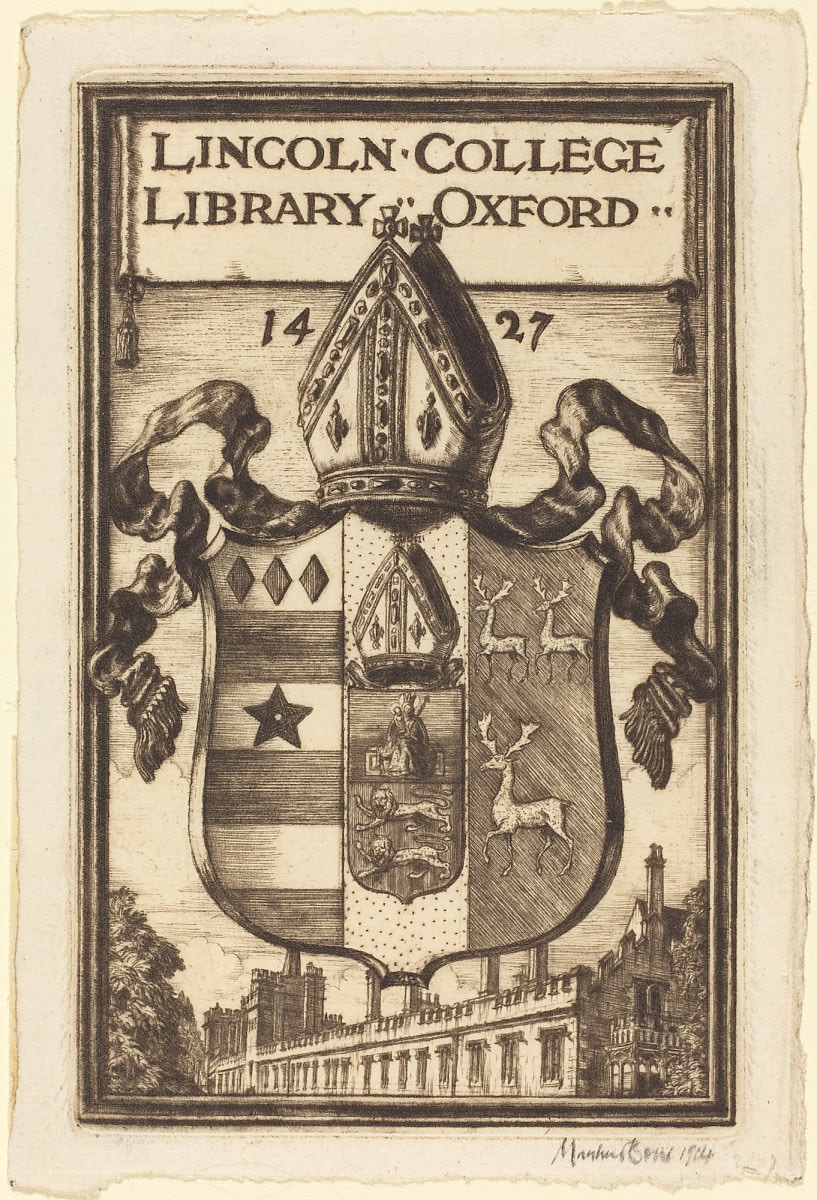 Impression of a Lincoln College bookplate, with the College arms sitting on top of Turl Street buildings